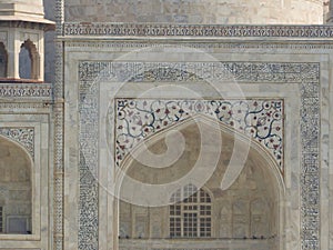 Close-up details Taj Mahal, famous UNESCO historical site, love monument, the greatest white marble tomb in India, Agra, Uttar