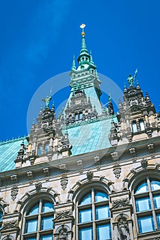 Close-up details of the vertical City Hall towers. Hamburg, Germany