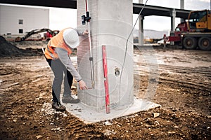 Close up details of working surveying engineer on surveyor work at construction site