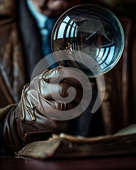 Close-up of a detective\'s gloved hand holding a magnifying glass over a clue