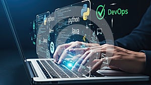 Developer working on laptop with programming languages and DevOps concepts