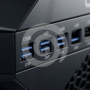 Close-up of a device panel featuring multiple USB ports, each labeled with unique