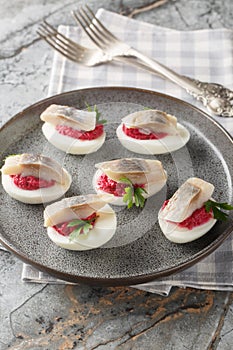 Close-up of deviled eggs with beetroot salad and herring in a plate. Vertical