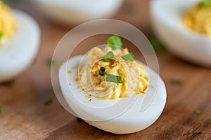 Close-Up of Deviled Eggs on a Cutting Board