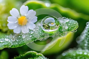 Close-up of dew-covered leaf with daisy reflection in water drop