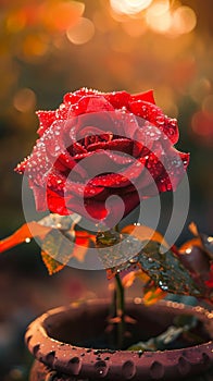 Close-up of a dew-covered red rose in soft sunlight