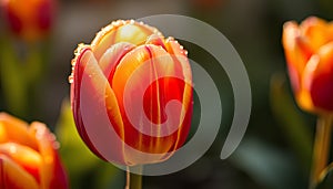 Close-up of a dew-covered tulip in golden hour light, with intense reds and yellows blending together 1 photo