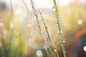 close-up of dew drops on feather reed grass blades