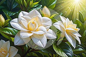 Close-Up of Dew-Kissed Gardenia Flowers - Petals Unfurling, Nestled Among Lush Green Foliage in the Morning