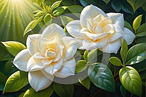 Close-Up of Dew-Kissed Gardenia Flowers - Petals Unfurling, Nestled Among Lush Green Foliage in the Morning