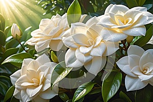 Close-Up of Dew-Kissed Gardenia Flowers - Petals Unfurling, Nestled Among Lush Green Foliage in the Morning