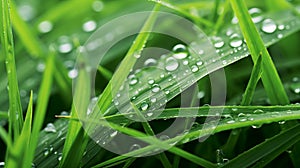 A close-up of dew-kissed green grass with delicate water droplets