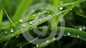 A close-up of dew-kissed green grass with delicate water droplets