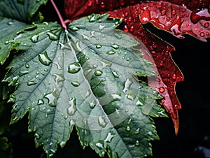 Close-up dewdrops leaves. Macro view of droplets on spring leaf and autumn leaf in dark outdoor background. AI generated.