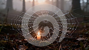 Close-up of a dewy spider web illuminated by morning light in a forest setting