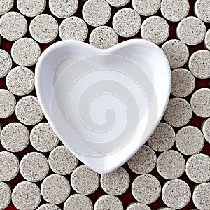 Close-up of DGL licorice root extract chewable tablets. dietary concept: an empty porcelain bowl in the form of a heart on a