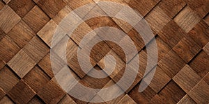 Close up of diagonal lined up wooden cubes or blocks randomly shifted surface background texture, empty floor or wall hardwood