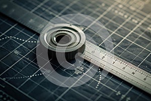 Close-up of a dial gauge on a cutting mat with a ruler, symbolizing precision in engineering