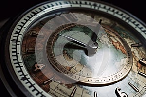 Close-up of the dial of a vintage watch with world map on the dial. World Time Concept. Generative AI