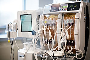 close-up of dialysis machine, with the life-saving process visible