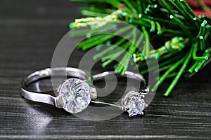 Diamond wedding rings on black background