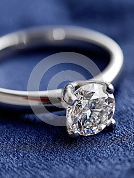 Close-up of a diamond ring on a blue textured background.