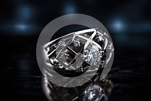 Close up diamond ring jewelry. A diamond engagement ring. Generative AI