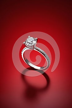 Close up of diamond ring on red background,Generative AI