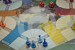 Close-up of dice and chips game.