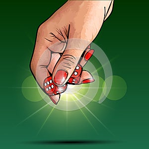 Close up of dice in woman`s hand vector illustration