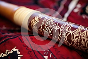 close-up of a didgeridoo carved with tribal designs