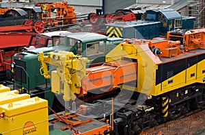 Close up of Diesel engines and engineering wagons at Nene Valley railway