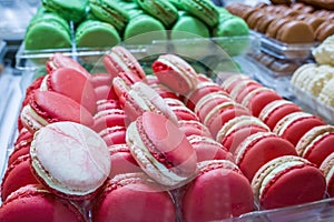 Close-up of different colored and flavored macaroons on display