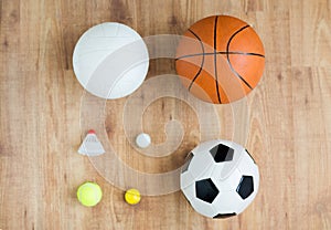 Close up of different sports balls and shuttlecock