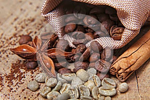 Close-up different types of coffee beans in a bag, green coffee, sticks of cinnamon and anise star, macro, set