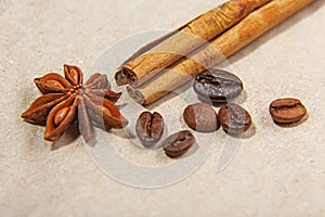 Close-up different types of coffee beans, green coffee, sticks of cinnamon and anise star, on vintage paper, macro, set