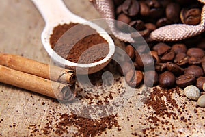 Close-up different types of coffee beans on wooden spoons, sticks of cinnamon, macro, set