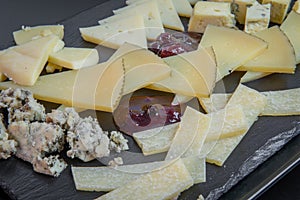 Close up of different types of delicious European cheeses cut in small portions and ready to eat