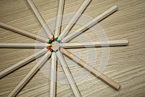 Close up of different, used, blunt, dull and sharpened colored p