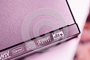 Close-up of digital audio and video format logos