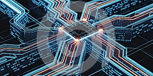 Close-up of a digital circuit board with glowing lines and binary code technology