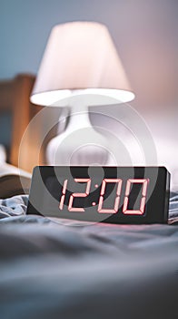 Digital clock shows 1200 on bedside table with blurred lamp and book
