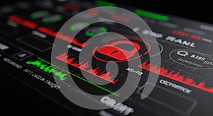 Cybersecurity Digital Interface with Lock Icon and Data Analytics