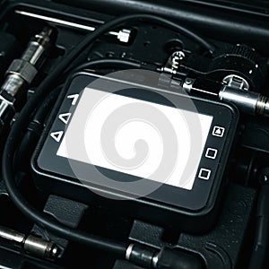 Close-up of a digital device in a tool or equipment case. The device features a