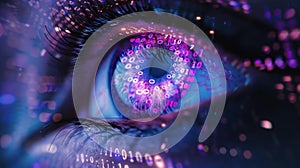 Close-up of a digital eye with binary code overlay. Concept of technology, artificial intelligence, and future vision