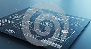 A close-up of a digital interface displaying various tech-related elements and