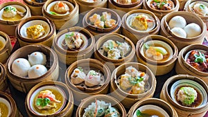 Close up dim sum chinese food in bamboo basket