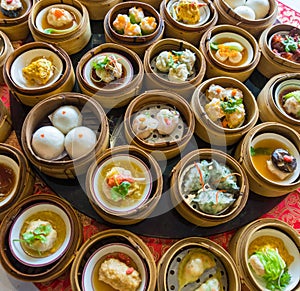 Close up dim sum chinese food in bamboo basket