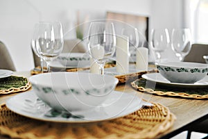 Close up dinnerware served on dining table