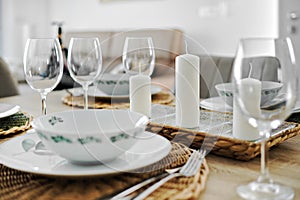 Close up dinnerware served on dining table